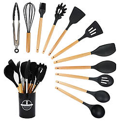 Набір кухонного приладдя 12 предметів, Kitchen Set, із силікону + підставка, Чорний / Кухонний комплект