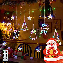 LED гірлянда-штора, 12 фігур (дзвіночок, ялинка, олень), 2,5 м, 220В, RGB / Новорічна світлодіодна гірлянда