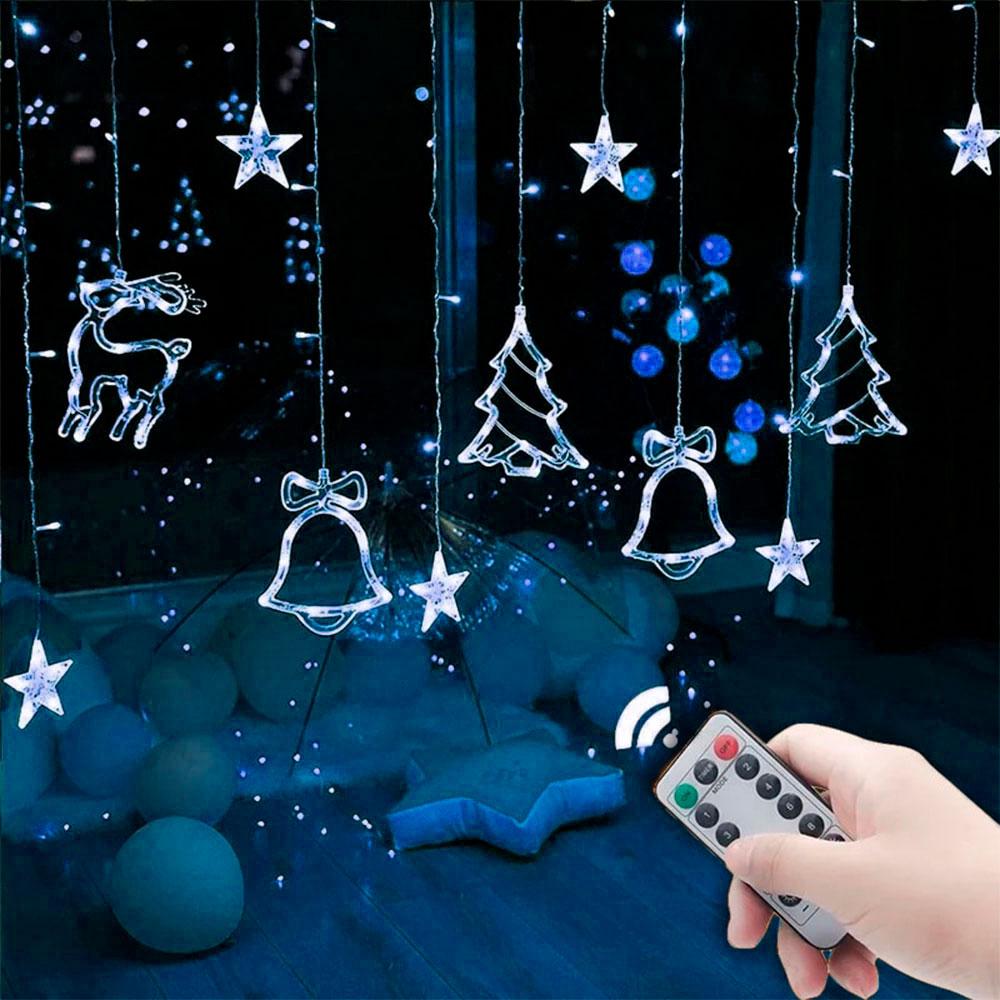 LED гірлянда-штора, 12 фігур (дзвіночок, ялинка, олень), 2,5 м, 220В, Синій / Новорічна світлодіодна гірлянда, фото 1