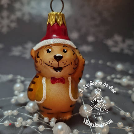 Скляна ялинкова іграшка Тигреня в ковпаку та шарфику 125/м, фото 1