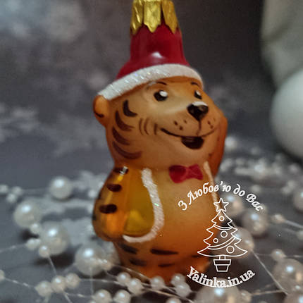 Скляна ялинкова іграшка Тигреня в ковпаку та шарфику 125/м, фото 2