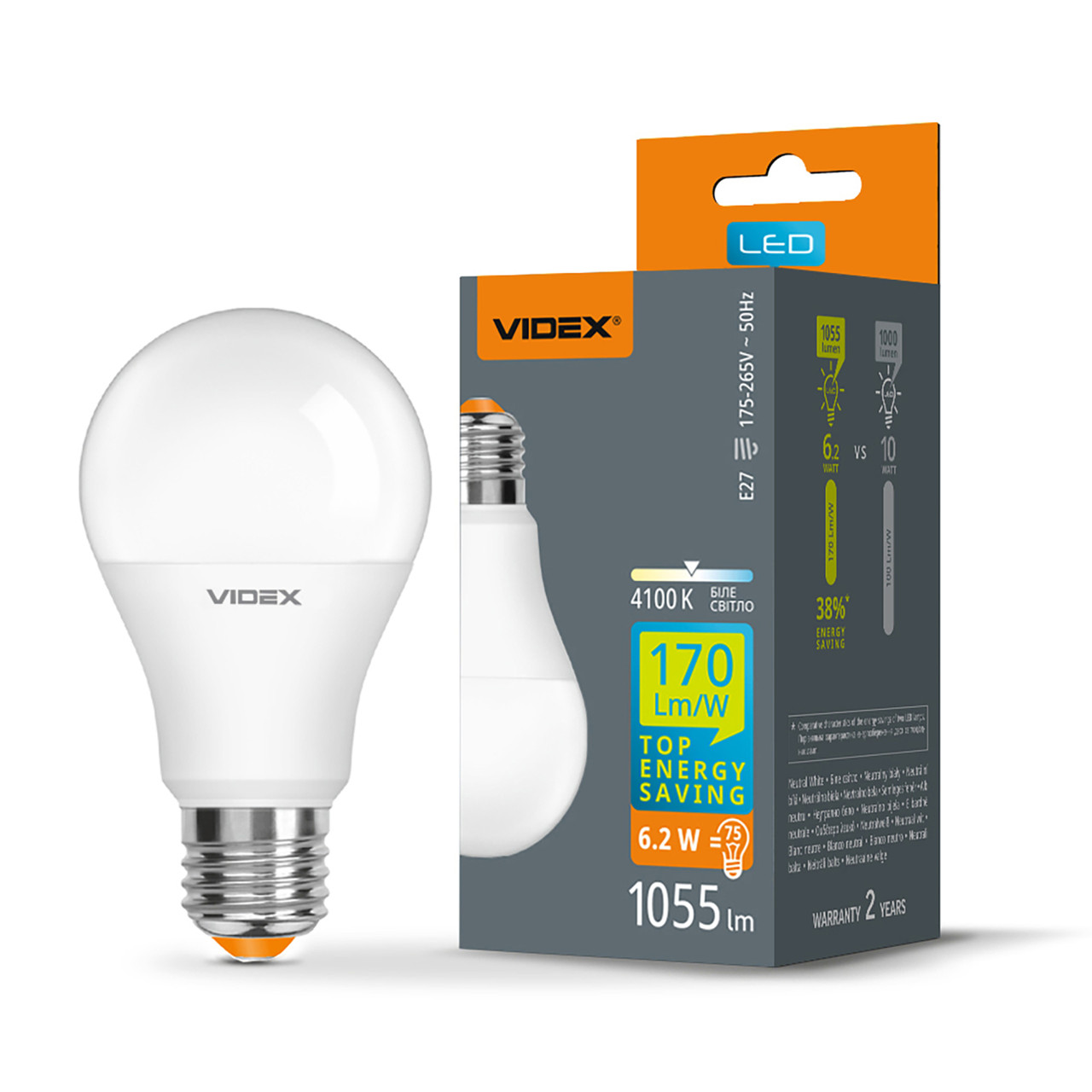 LED лампа світлодіодна VIDEX A60h 6.2W E27 4100K (VL-A60h-62274)