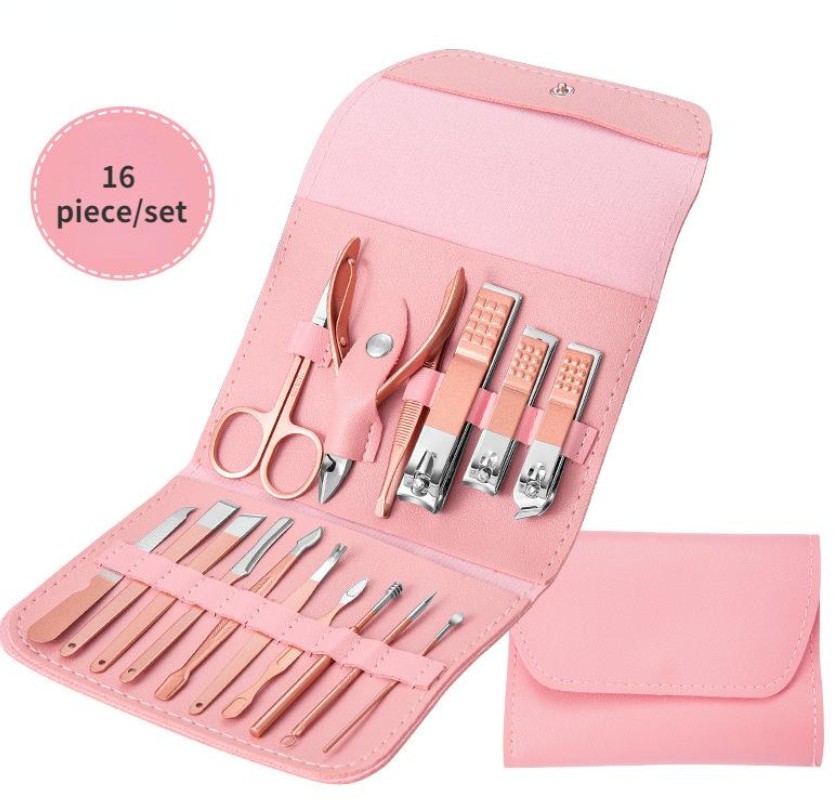 Набір для манікюру та педикюру, 16 предметів, рожевий, все для догляду