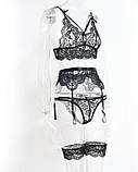 Чорний жіночий комплект білизни з поясом та гартерами на ноги, фото 2