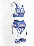 Жіночий комплект білизни в синьому кольорі трусики, ліф та пояс з підв'язками, фото 2