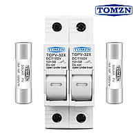 Держатель с 2-мя предохранителями по 15А 2P 10х38мм 1000V DC для солнечных панелей (PV систем) TOMZN TOPV-32