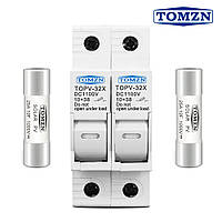 Держатель с 2-мя предохранителями по 25А 2P 10х38мм 1000V DC для солнечных панелей (PV систем) TOMZN TOPV-32