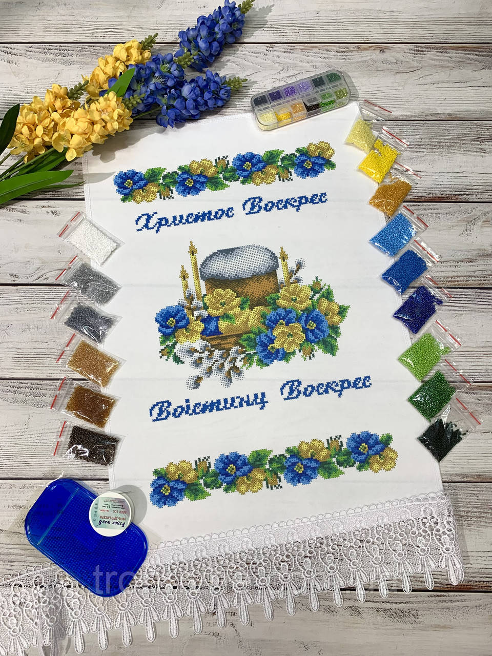 Набір для вишивання бісером Великодній рушник 36х53 см + бісер + Мереживо та ін. Габардин