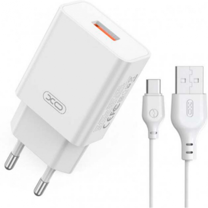 Зарядний пристрій мережевий XO L127 USB QC18W + кабель USB to Type-C швидке заряджання Білий