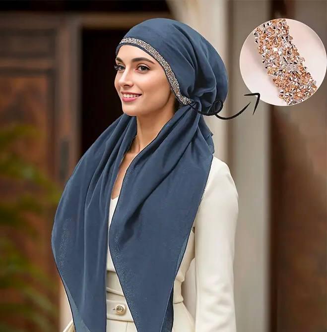 Сучасний льняний хіджаб з еластичною стрічкою та стразами, фото 1
