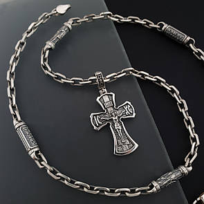 Срібна цепочка з хрестиком чоловіча. Срібний хрестик Спаси Збережи і цепочка якірна зі вставками. 55 см