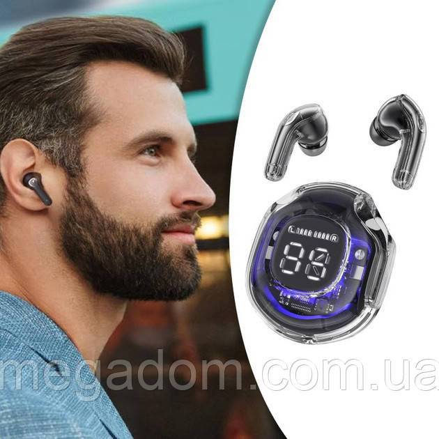 Бездротові навушники TWS T8 PRO з прозорим кейсом Вакуумний LED дисплей Bluetooth 5.3. WG-298 Колір: чорний
