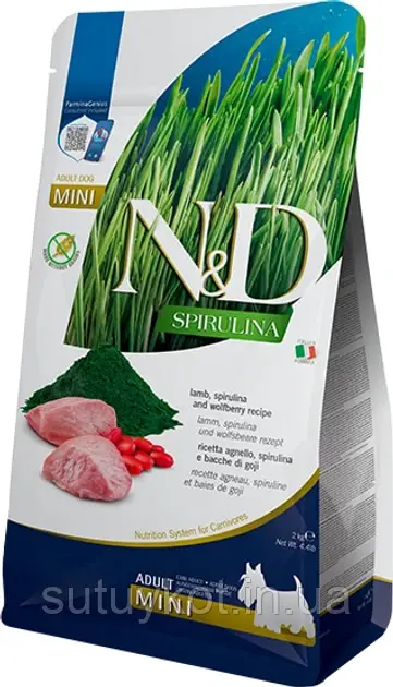 Farmina N&D SPIRULINA Фарміна беззерновий корм для собак дрібних порід з ягням та спіруліною, 2 кг
