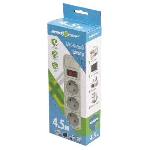 Сетевий фільтр Maxxter SPM3-G-15G 3 розетки, 4.5 метра, фото 1
