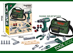 Ігровий набір інструментів 27 предметів, шуруповерт на батарейках, сумка для інструментів, тренувальні бруски