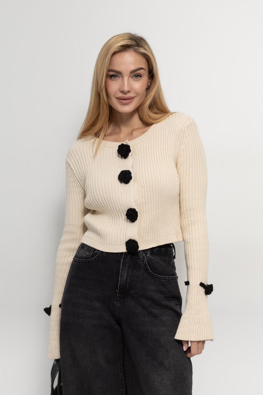 Жіночий укорочений кардиган із рукавами кльош кремовий, фото 1