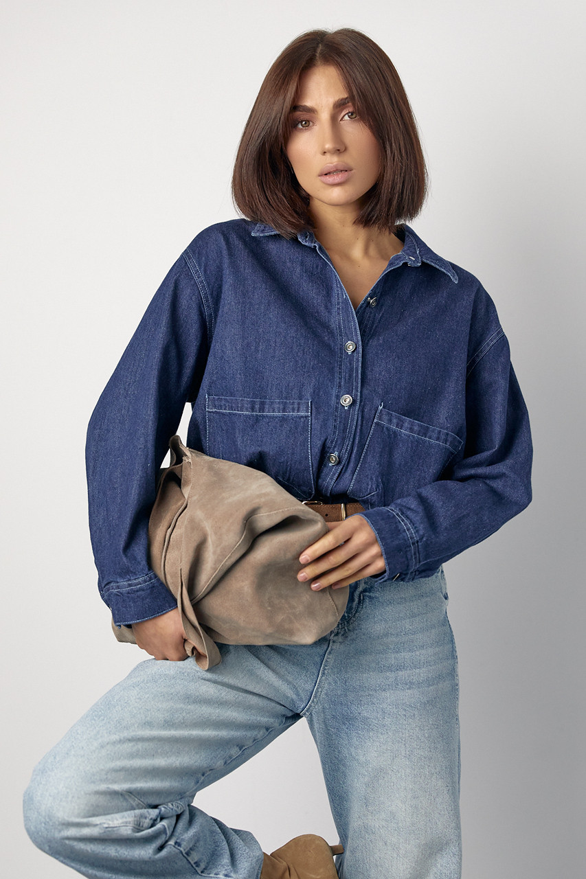 Джинсова сорочка з кишенями на металевих ґудзиках — темно-синій колір, ONE SIZE (є розміри), фото 1