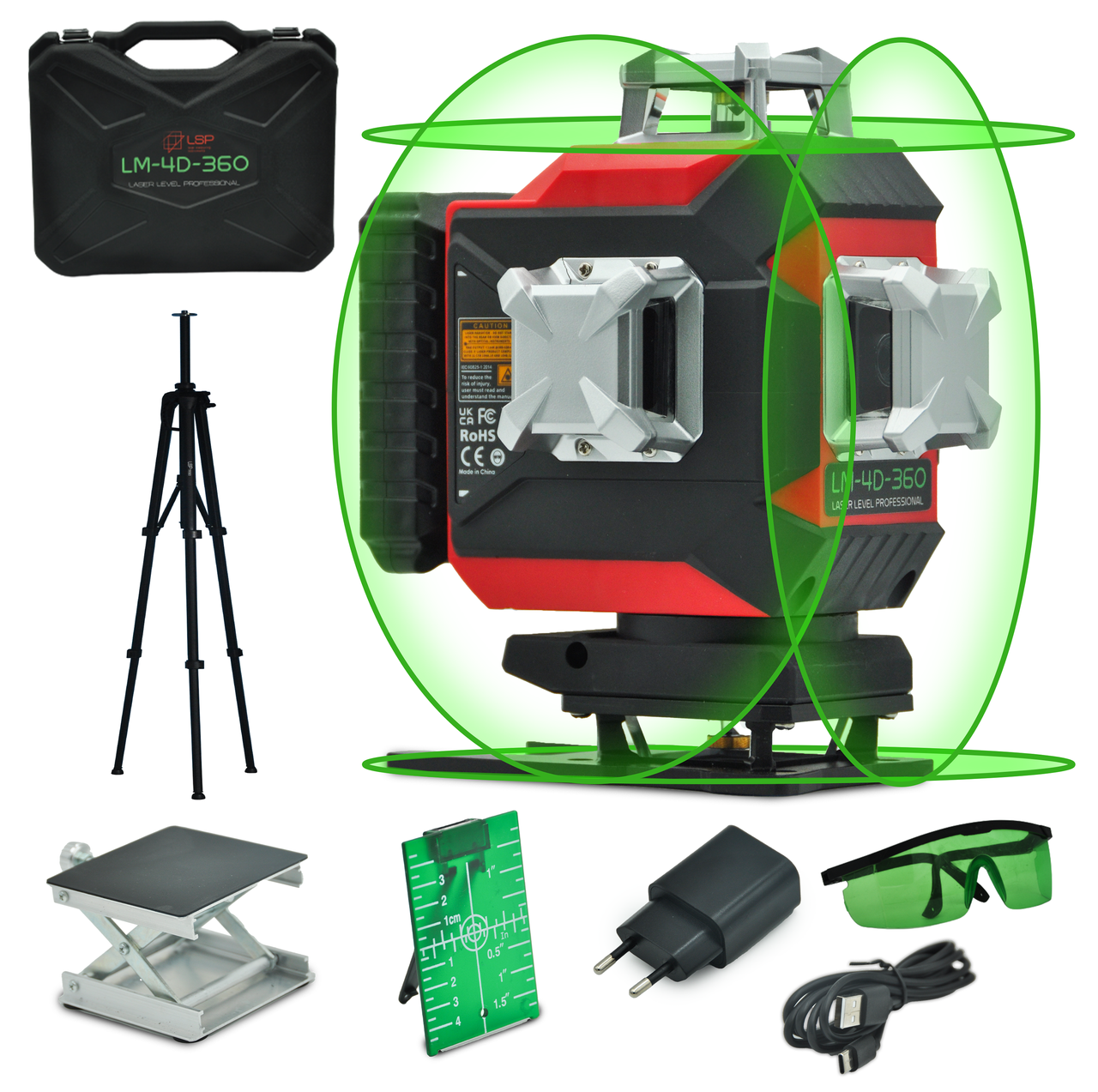 Лазерний рівень нівелір LSP LM 4D 360 Pro 16 ліній діод OSRAM (зелений промінь) + штатив з мікроліфтом 1,8 м