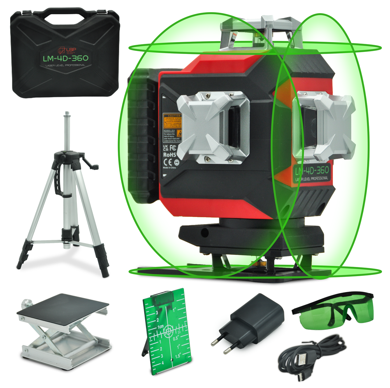 Лазерний рівень нівелір LSP LM 4D 360 Pro 16 ліній діод Osram  зелений промінь + штатив з мікроліфтом 1.5 м