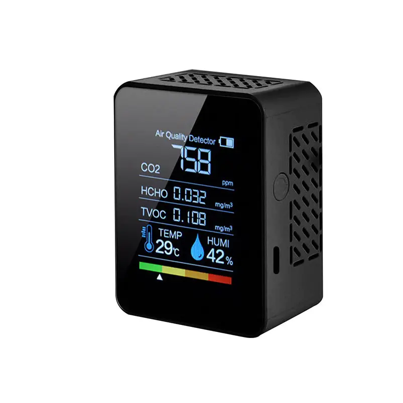 Вимірювач якості повітря побутовий 5в1 з LCD-дисплеєм SENSOR M-13, вимірює CO2, TVOC, HCHO, t° і вологість
