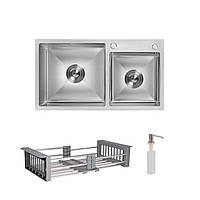 Комплект Lidz Handmade H7843 Мийка для кухні з двома чашами інтегрована Brushed у комплекті з дозатором + Lidz K01G Корзина для