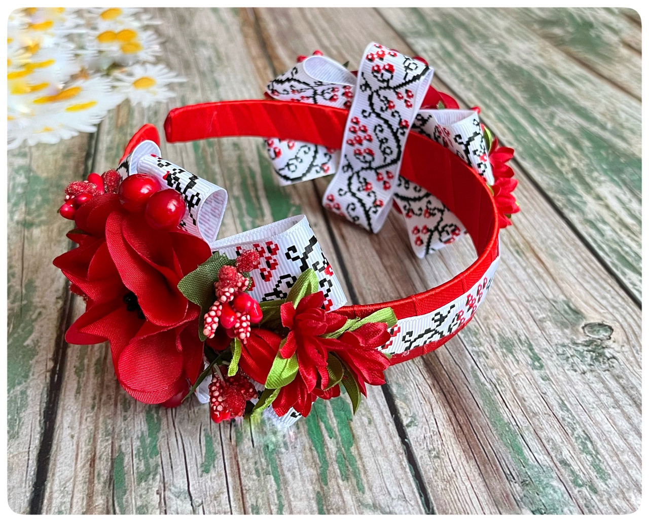 Обруч для волосся Гуцульський Вишиванка калиновий червоно-білий, фото 1