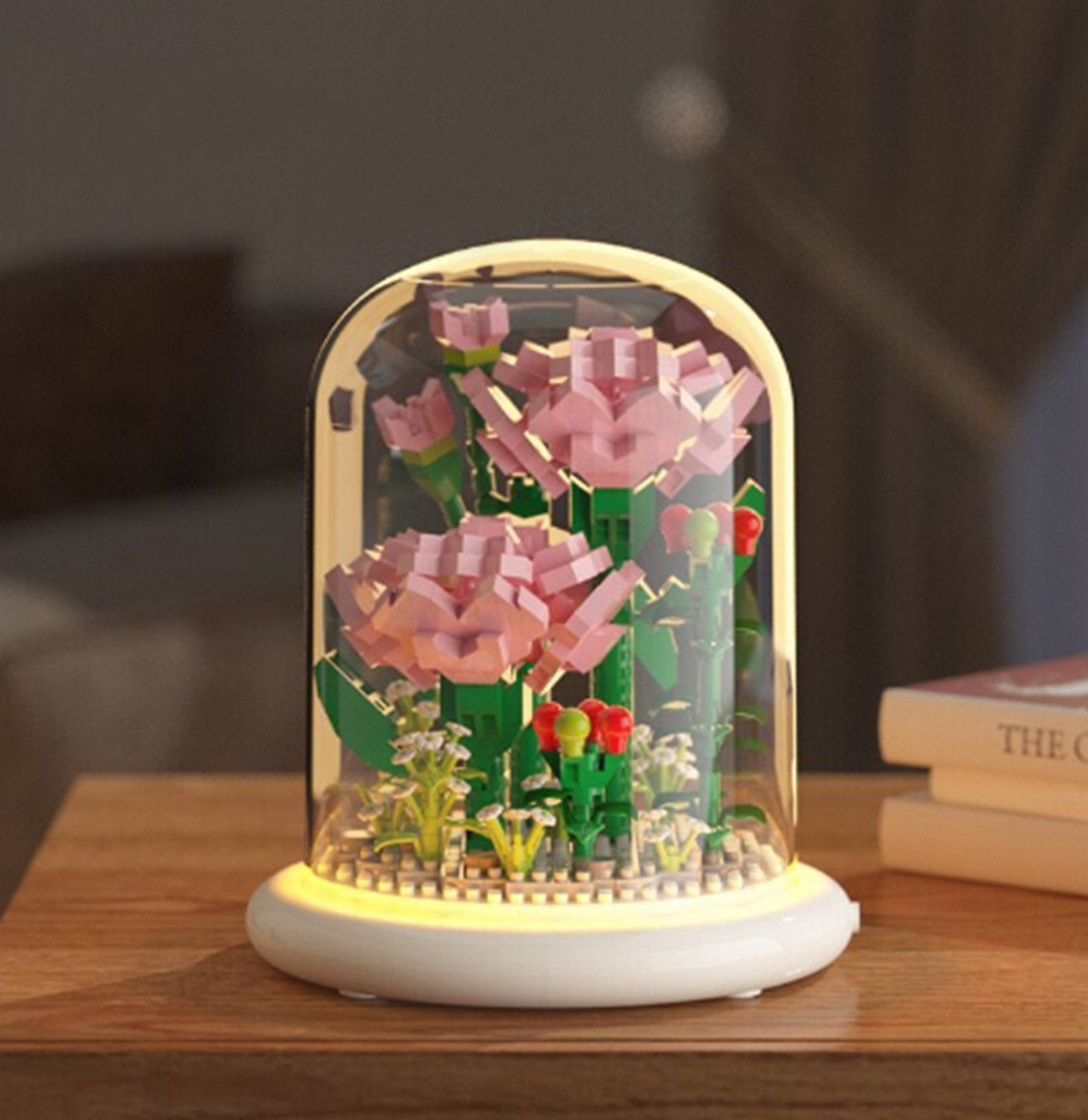 Дитячий блоковий конструктор квіти Гвоздика на 770 деталей в колбі на підставці з підсвіткою