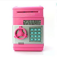 Дитяча іграшкова сейф-скарбничка банкомат з кодовим замком та купюроприймачем сріблясто-рожева