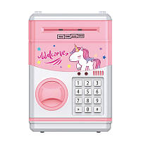 Дитяча іграшкова сейф-скарбничка банкомат з музикою, кодовим замком та купюроприймачем Welcome Unicorn (821B) біло-рожева