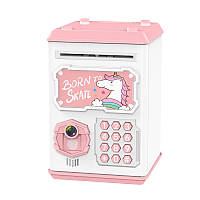 Дитяча іграшкова сейф-скарбничка банкомат з відбитком пальця і кодовим замком та купюроприймачем Born to Skate (832A) Біло-Рожева