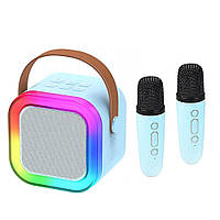Дитячий набір для караоке портативна Bluetooth колонка с 2 мікрофонами і RBG підсвіткою (K12), Блакитний
