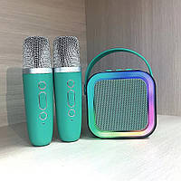 Дитячий набір для караоке портативна Bluetooth колонка с 2 мікрофонами і RBG підсвіткою (K12), Смарагдовий