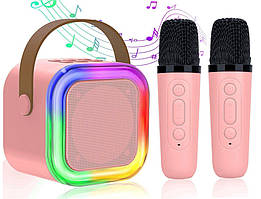 Дитячий набір для караоке портативна Bluetooth колонка с 2 мікрофонами і RBG підсвіткою (K12), Рожевий
