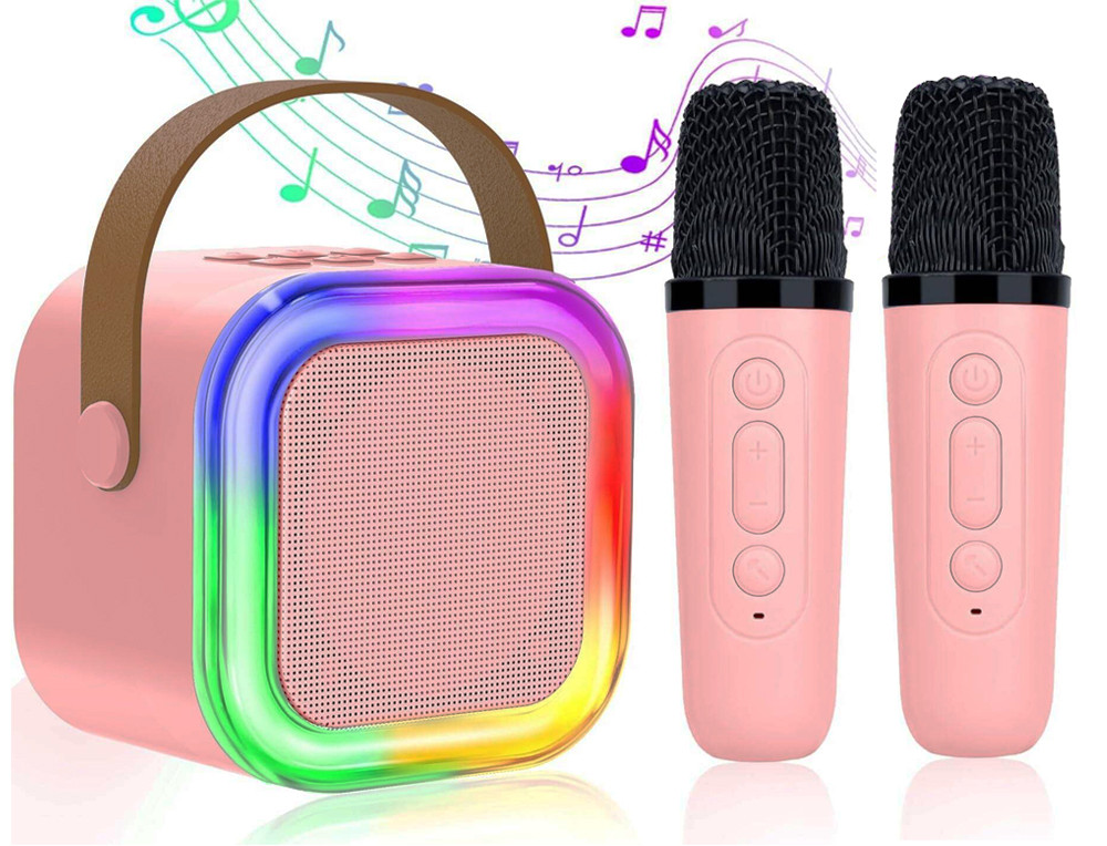 Дитячий набір для караоке портативна Bluetooth колонка с 2 мікрофонами і RBG підсвіткою (K12), Рожевий