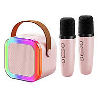 Дитячий набір для караоке портативна Bluetooth колонка с 2 мікрофонами і RBG підсвіткою (K12), Світло-рожевий