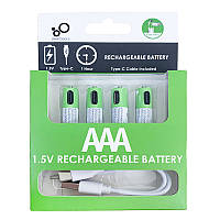 Акумуляторні багаторазові мізинчикові батарейки  Smartoools AAA 4 шт 1,5V 750 mWh з USB Type-C входом