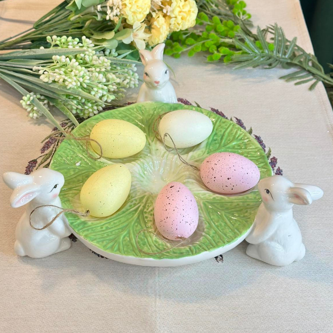Підставка для яєць (6шт) керамічна Зайки з капустою, 28*28*9.5см, колір - зелений Пасхальний посуд