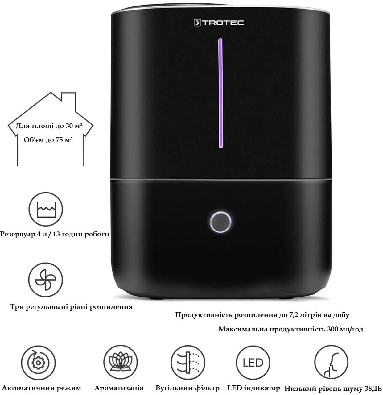 Ультразвуковий зволожувач повітря Trotec B 2 E Black | Аромадифузор, Фільтр, Регульована вологість, Тиха робота, Стильний дизайн
