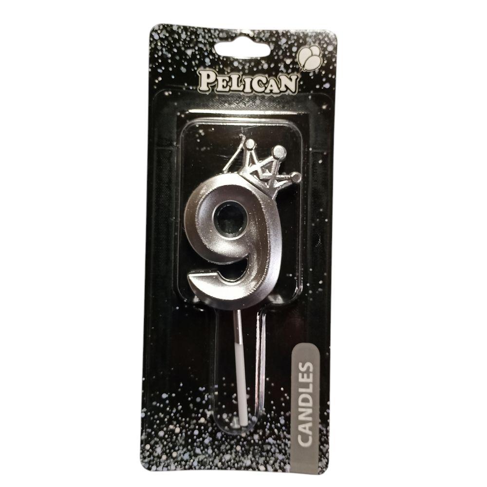 Свічка-цифра з блискітками "9" срібло 5см 863319 KNZ