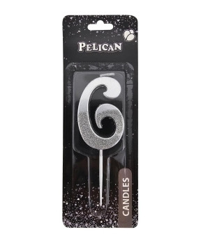 Свічка-цифра з блискітками "6" срібло 5см 863316 KNZ