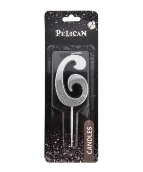 Свічка-цифра з блискітками "6" срібло 5см 863316 KNZ, фото 1
