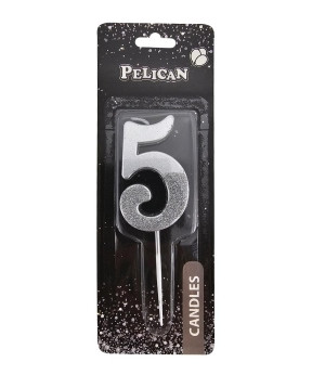 Свічка-цифра з блискітками "5" срібло 5см 863315 KNZ