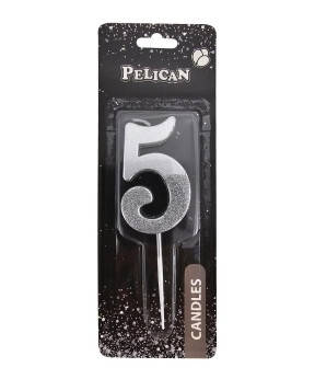 Свічка-цифра з блискітками "5" срібло 5см 863315 KNZ, фото 1