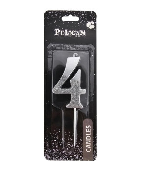Свічка-цифра з блискітками "4" срібло 5см 863314 KNZ