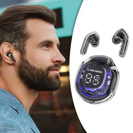 Бездротові навушники TWS T8 PRO з прозорим кейсом Вакуумний LED дисплей Bluetooth 5.3. IX-866 Колір: чорний, фото 1