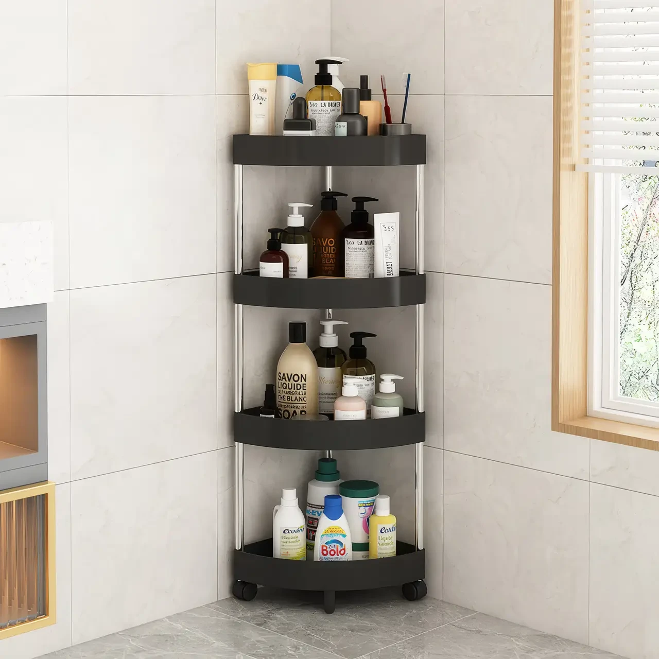 Кутова полиця-етажерка 82×36×26 см з 4 ярусами та коліщатками — зручне зберігання у будь-якому приміщенні.