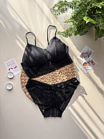Кружевний  комплект білизни, топ і трусики бразиліанки, чорний