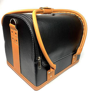 Сумка кейс для майстра, універсальний бьюті-кейс для косметики, перукаря екошкіри ADH-068 Чорний, корич. руч