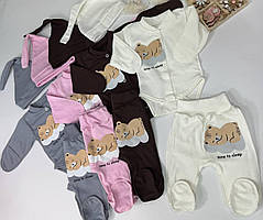 Теплий комплект для новонародженого: боді + повзунки + шапочка-вузлик