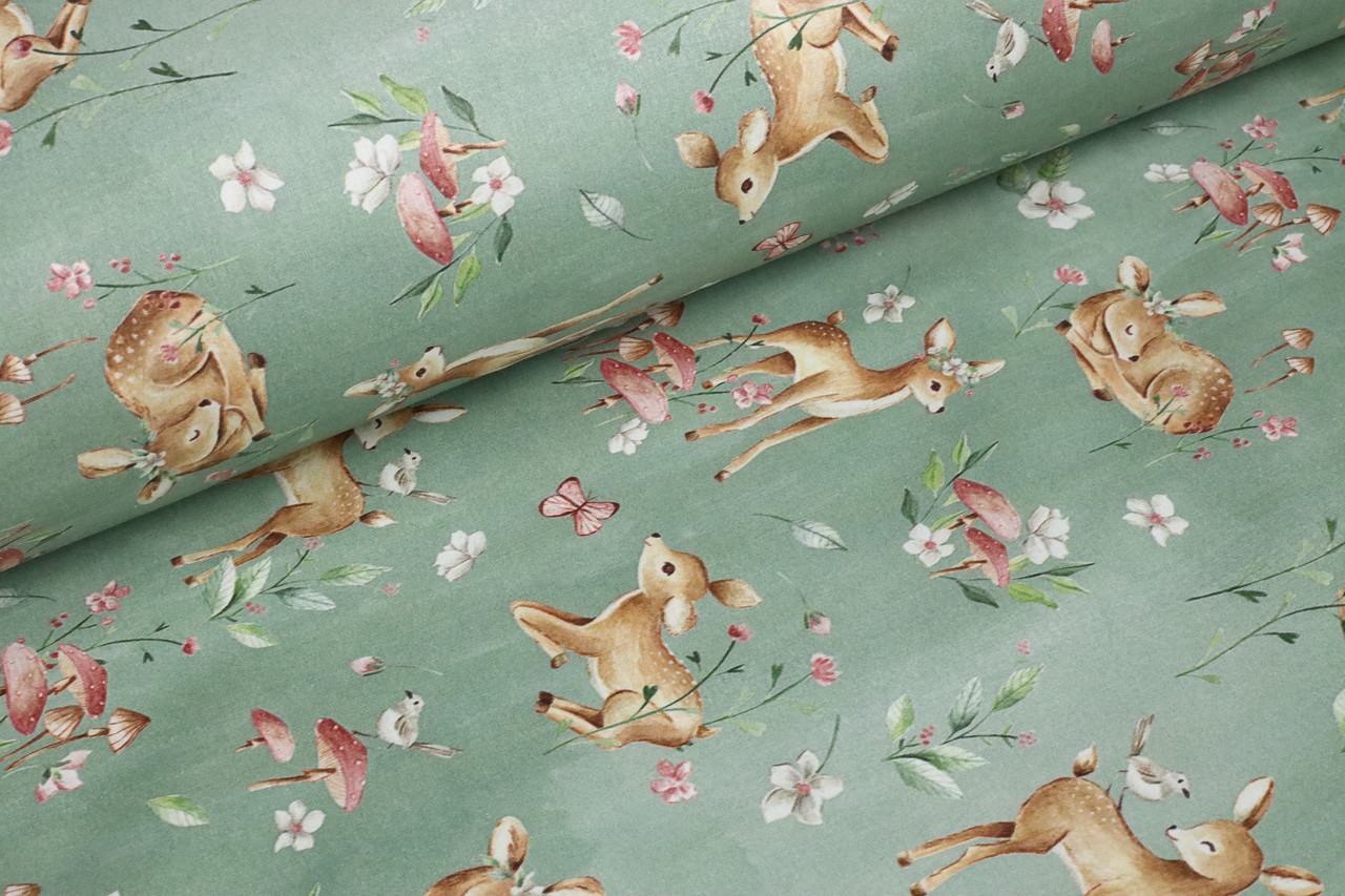 Ранфорс органічна бавовна Олені, метелики на мʼятному, digital